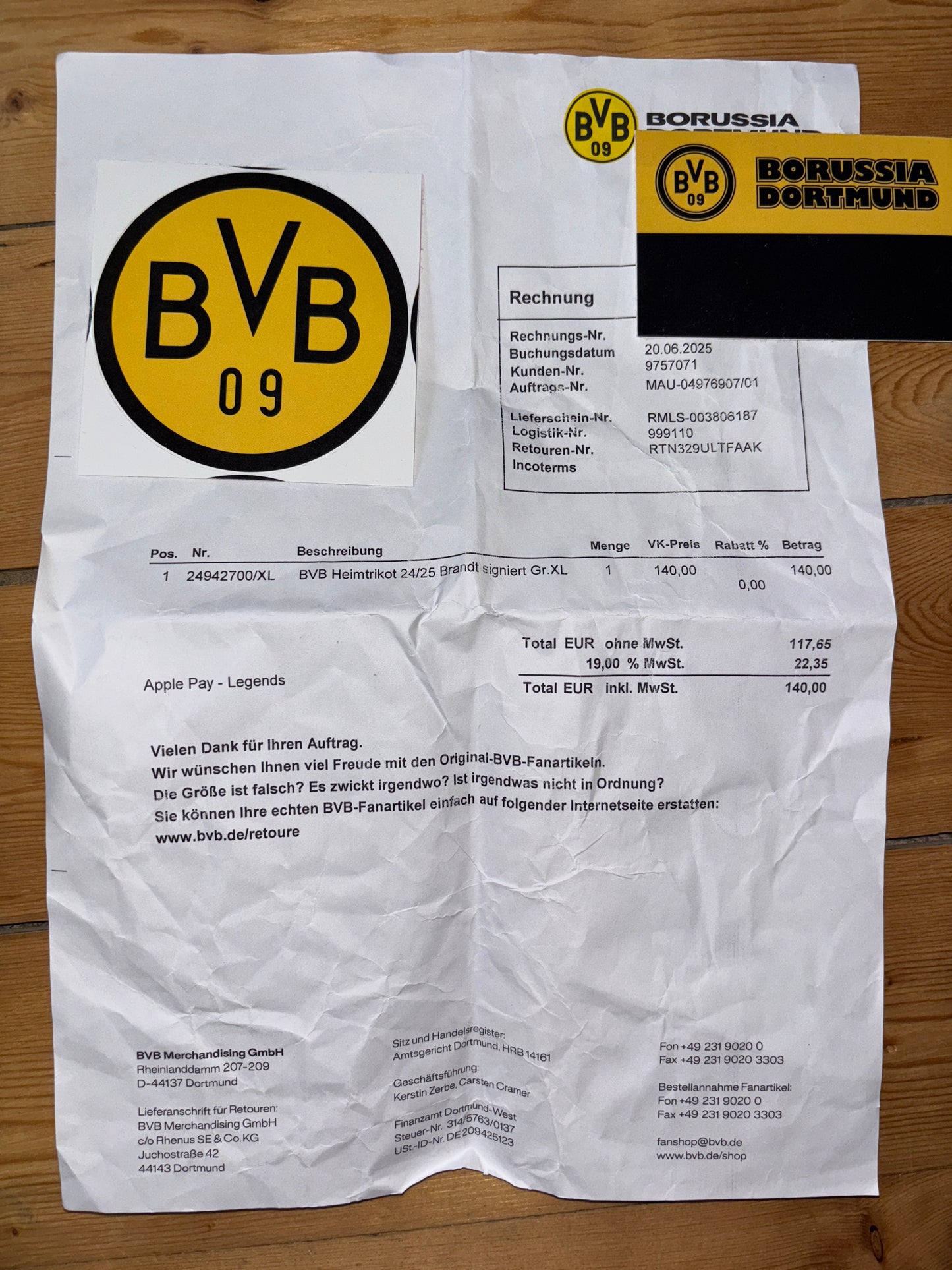 BVB Borussia Dortmund 2024/2025 Heimtrikot - XL - #10 Brandt (signiert & mit Original Rechnung + Etiketten)